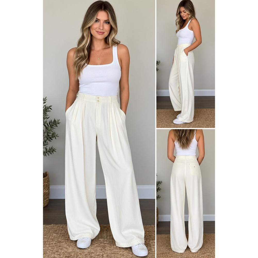 Lizsport Vintage 90s Pleated Wide Leg Rayon Trousers Cream Size 14 NWT